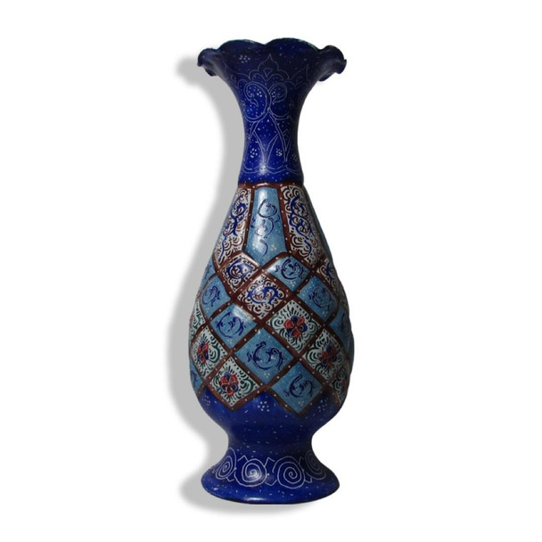 16cm hand-painted enamel copper vase, showcasing a slender teardrop silhouette with a flared scalloped neck rim, covered in an assorted pattern featuring intersecting brown diamond lattice frames enclosing alternating light blue floral scrollwork and red micro-blossom motifs, finished with a cobalt blue neck and pedestal foot.