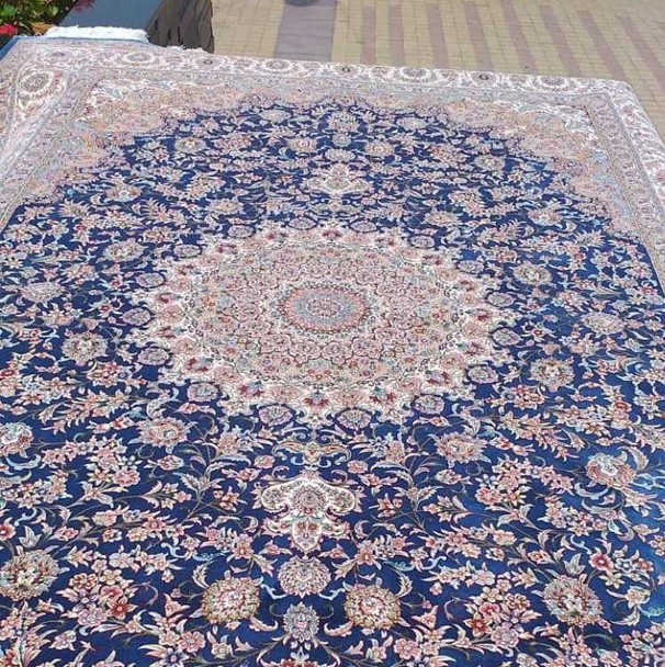 Artisan Super Cute Blue Pattern Handmade Silk Carpet 225x150 Cm Machine Made Rug High-Resolution Product Shot