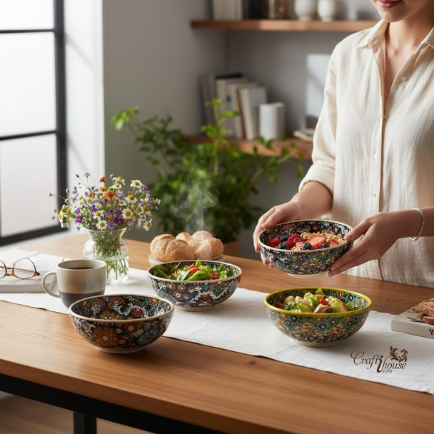 The 15 cm handmade clay bowl shown on a wooden breakfast tray, highlighting its appeal as a meaningful and practical gift.