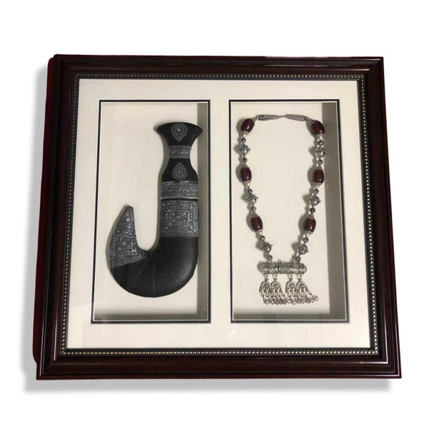 Craftihouse heritage collection framed art, blending traditional weaponry and jewelry into a cohesive decorative masterpiece.