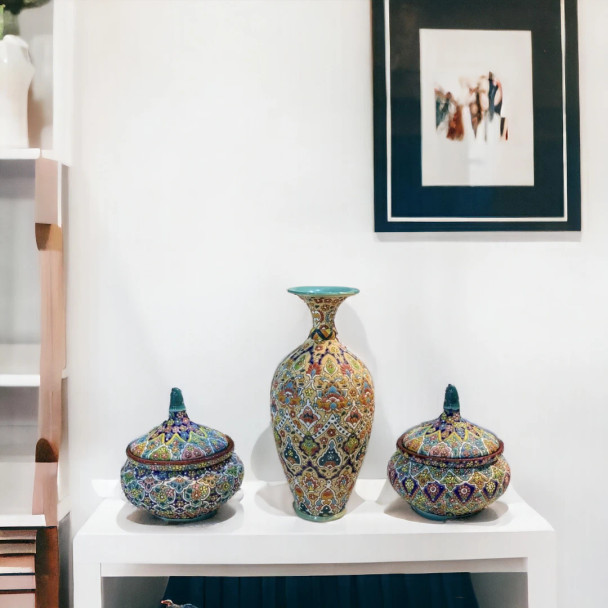 Handcrafted Handcrafted Textured Hand-Painted Earthenware Home Decor Set: Vase and C... Lifestyle Visual