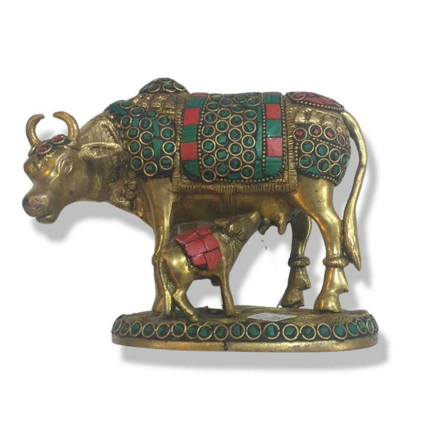 Kamdhenu cow 
calf brass figure