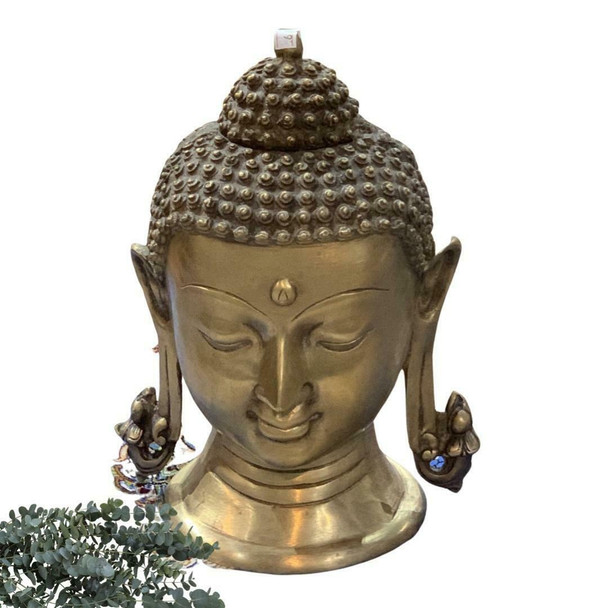 A professional product shot of the 28 cm solid brass Buddha head set against a neutral studio background.