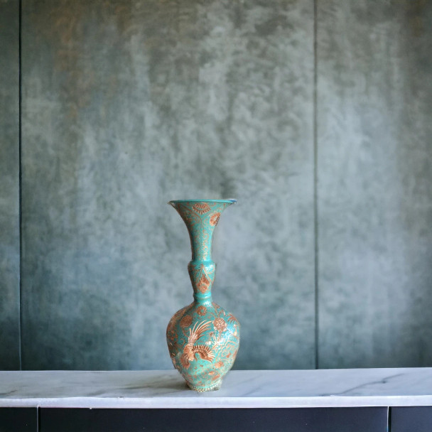 Exclusive Engraved Copper Vase Turquoise Fine Craftsmanship Detail