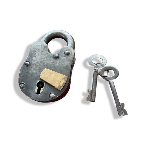 A handcrafted vintage rectangular metal lock with an authentic weathered finish and two skeleton keys.