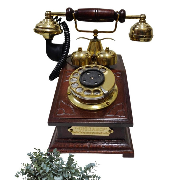 A professional product shot of the antique replica wooden telephone set on a neutral studio background.