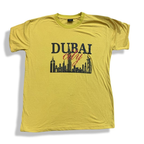 Craftihouse apparel collection featuring this casual yellow t-shirt with a unique Dubai city skyline design.