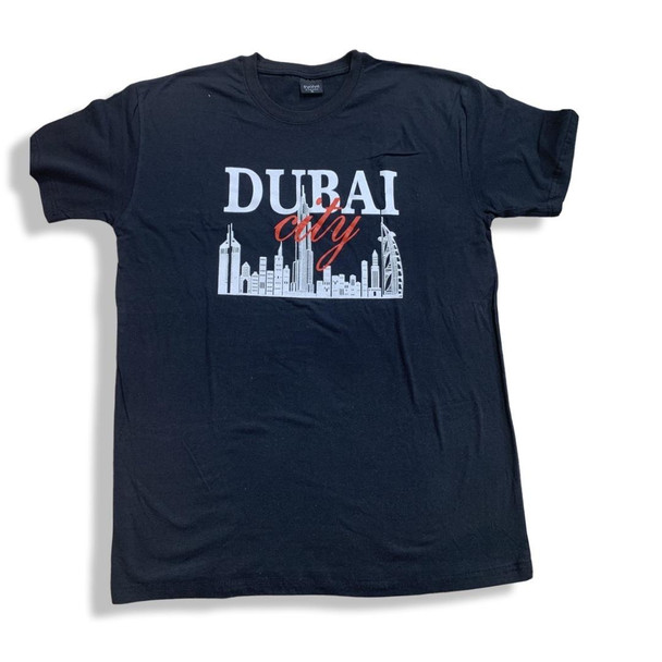 A professional product presentation of the exclusive Dubai souvenir t-shirt from a premier UAE gift shop.