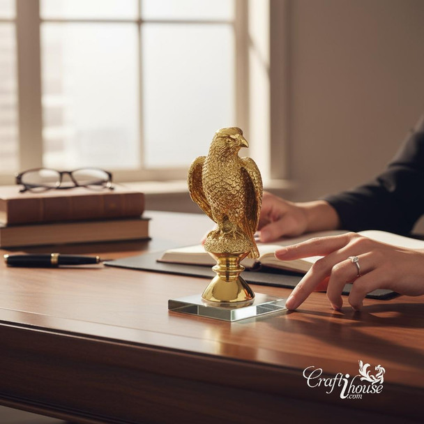 Golden falcon statue decorative figurine on glass stand