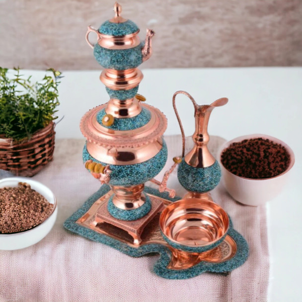 A magnificent Firozeh Koobi samovar set, meticulously inlaid with genuine turquoise stones on a polished copper surface.
