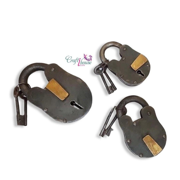 A set of 3 vintage metal locks in assorted sizes, featuring iron bodies, brass keyhole covers, and skeleton keys.