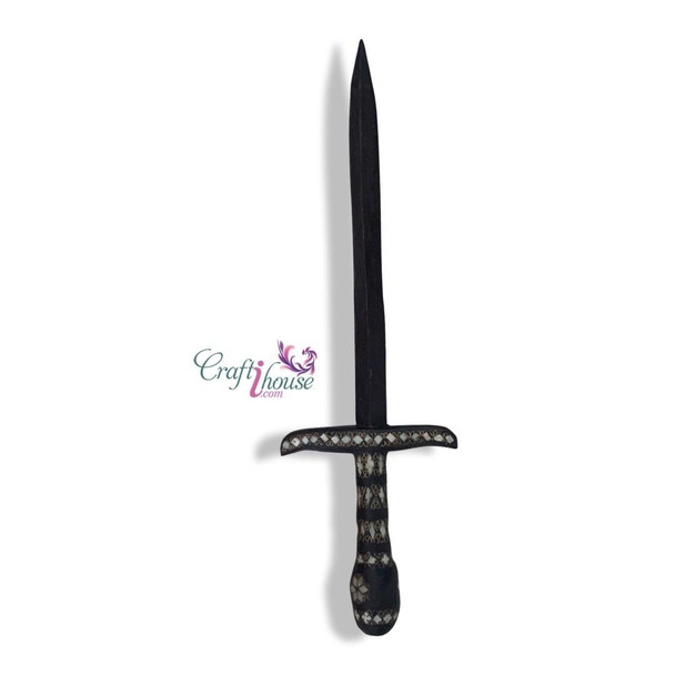 Product photo of the hand carved wooden sword ornamented piece, showcasing a 45 cm dark brown wooden ceremonial blade with a straight crossguard and contoured hilt meticulously detailed with inlaid diamond-shaped bone fragments and thin brass wires, isolated on a clean white background.
