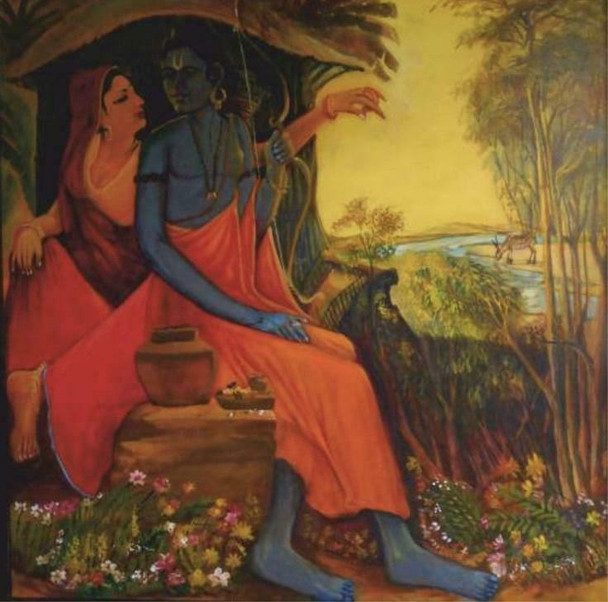 Rama Sita In Panchvati Original Painting Acrylic On Canvas 54x54 Inches | Luxury Heritage Decor & Unique Artisan Piece - Luxury Handcrafted Souvenir Craftihouse Dubai