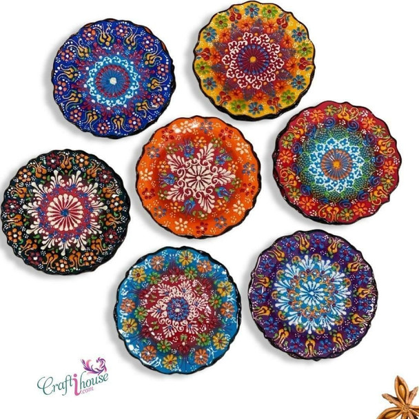Set of 7 Turkish ceramic wall plates 18cm colourful Iznik wall decor pottery gift pack