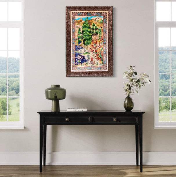 Stunning Nature Scene Pure Silk Carpet 60x90 Cm With Frame | Luxury Heritage Decor & Unique Artisan Piece - Luxury Handcrafted Art Craftihouse Dubai
