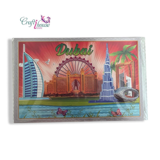 Colorful Dubai souvenir magnet, an ideal and compact keepsake of the city’s most famous landmarks.