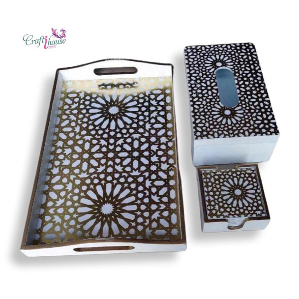 Table decor set , tray tea coaster and tissue box set , wooden combo set 