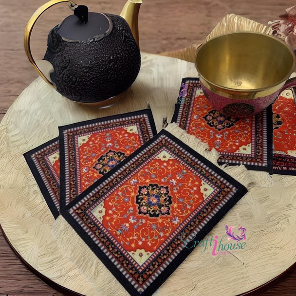 miniature carpet coasters used as a unique table decor accent.