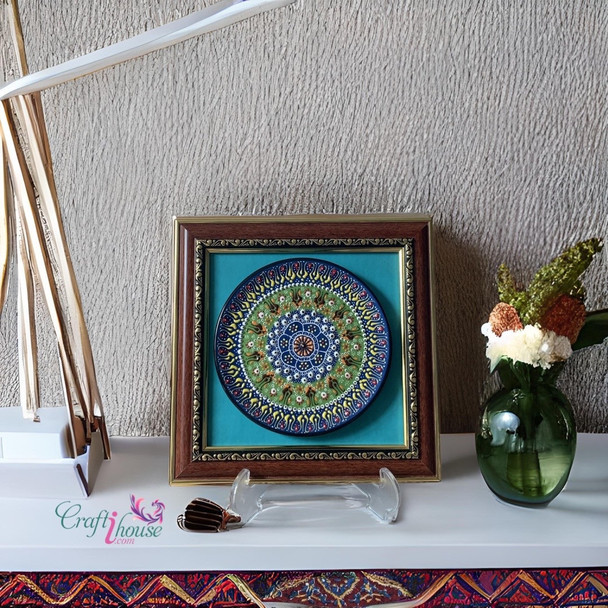 Detailed close-up of the intricate glaze work and luxury moulding on a framed traditional Turkish ceramic art piece.