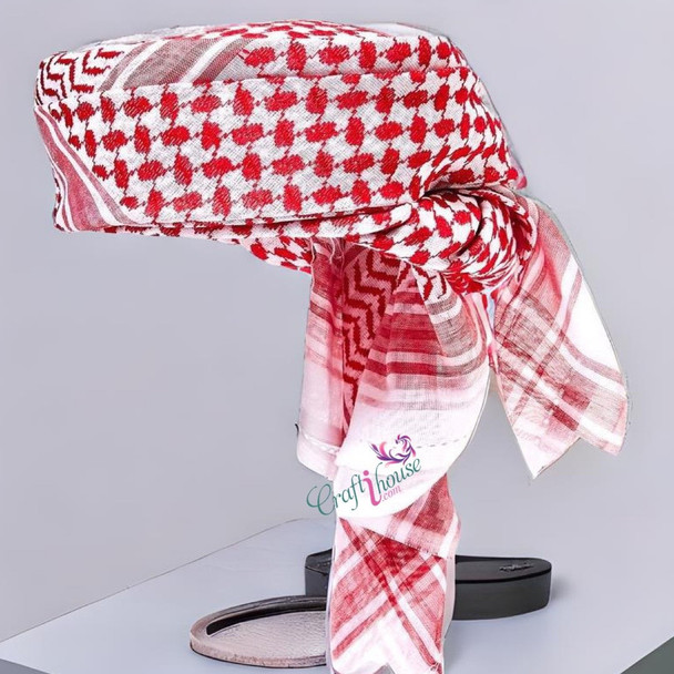 A professional product presentation of the exclusive Omani shemagh headscarf from a premier UAE shop.