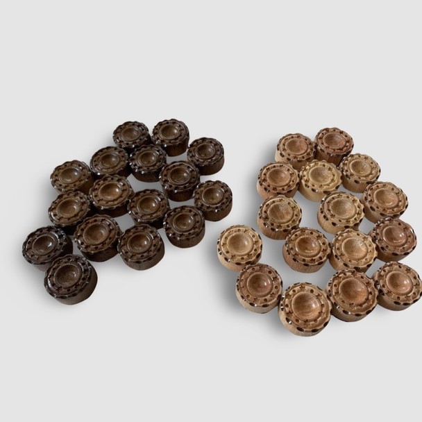 Hand-carved elegant wooden backgammon pieces, artisan wood chips featuring intricate grain and polished finish from Craftihouse