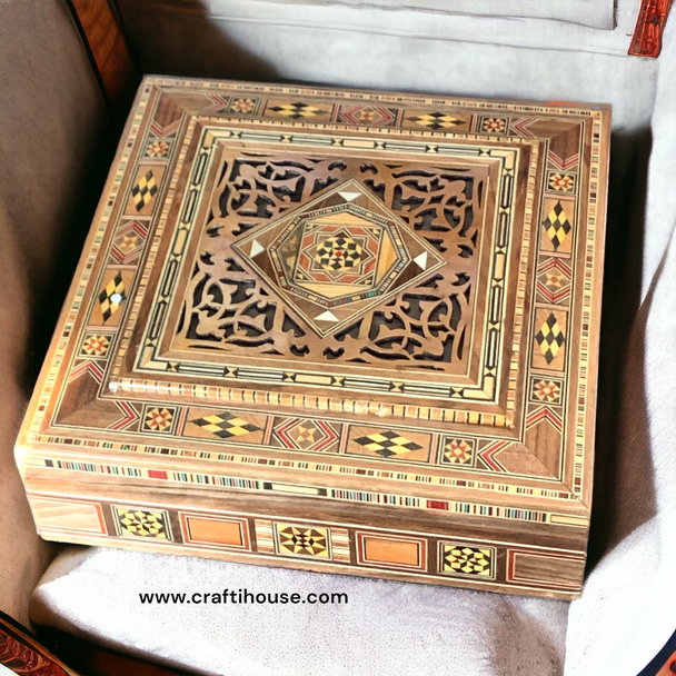 Luxury Handmade Wooden Inlaid Box with Mother of Pearl Accents Showcase - Craftihouse Dubai