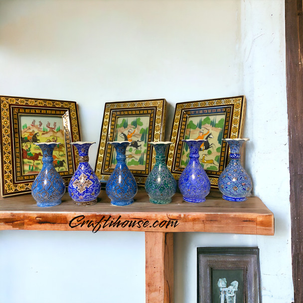 Premium 6 Pieces miniature minakari flower vase 10cm , Hand painted copper flower vase , unique handmade gift set High-Quality Design