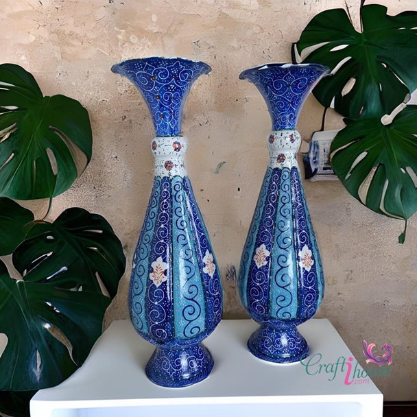 Front view of a premium 2-piece copper set showcasing traditional hand-painted enamel Minakari royal blue, turquoise, and white striped vertical panel artwork over high-gloss protective glazing.