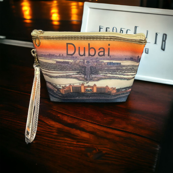 An exclusive Craftihouse decorative travel purse showcasing iconic Dubai aerial photography.