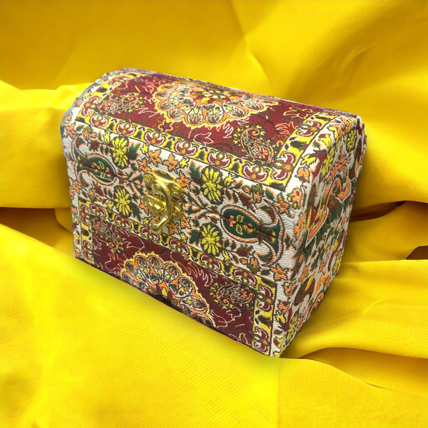 A 16x10 cm wooden box covered with traditional handmade Termeh fabric featuring intricate paisley and floral patterns.