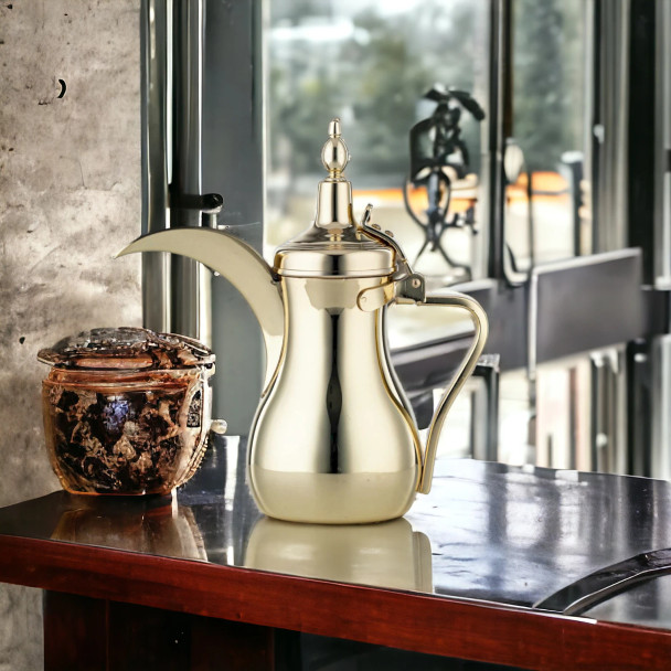 Golden Stainless Steel Arabic Coffee Dallah Pot - Classic 48 oz Tea and Coffee Kettle