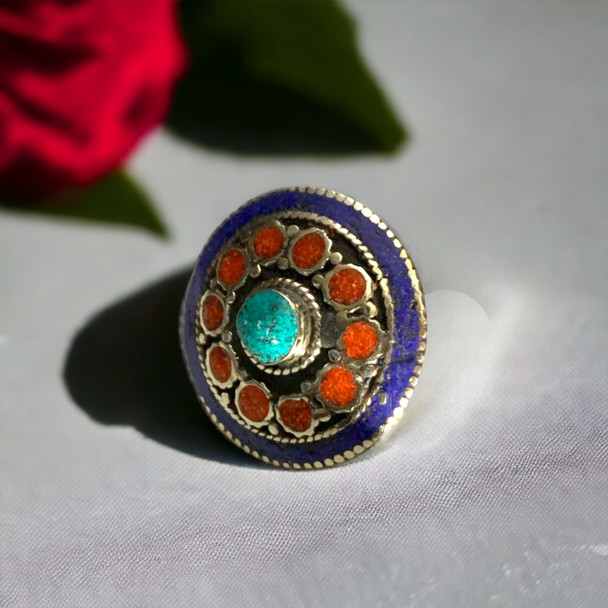 Exclusive Handcrafted Nepali Tibetan Multi Color Stone Ring Heritage Collection Detail