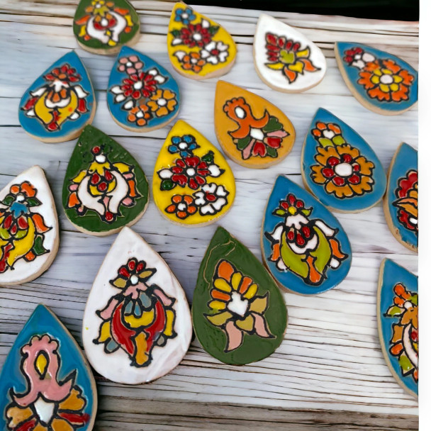 Artisanal Charm 12 Pcs Assorted Pattern Tear Drop Hand Painted Clay 4x3 Cm Kitchen Decor Delight Emb - Luxury Handcrafted Art Craftihouse Dubai