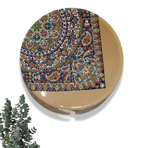 A monumental 30 cm stunning handmade plate featuring a unique hand-painted floral carpet pattern and a textured enamel finish.