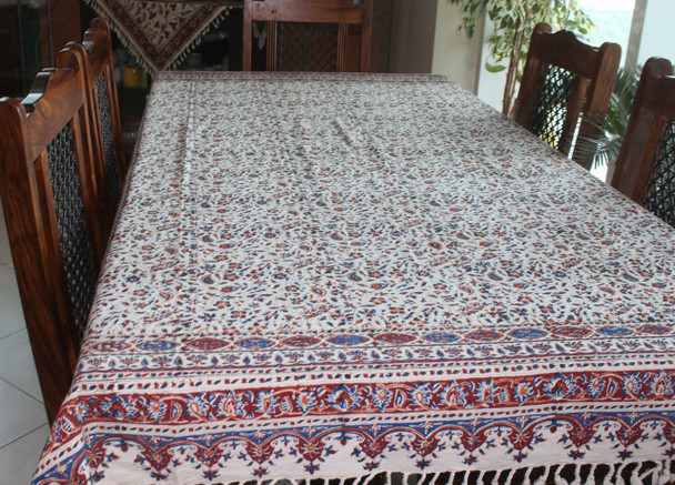 Artisan Ghalamkari tablecloth featuring intricate patterns made with eco-friendly natural dyes