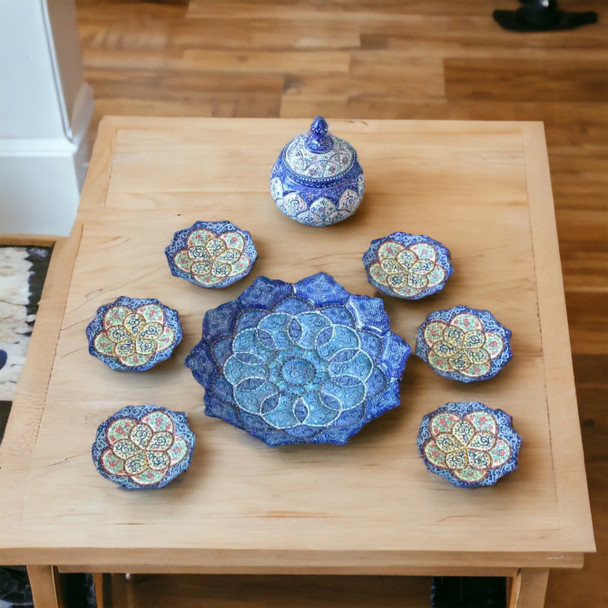  Enamel  Haftseen, , Minakari on Copper Set of 7 plates and a Sugar Bowl.