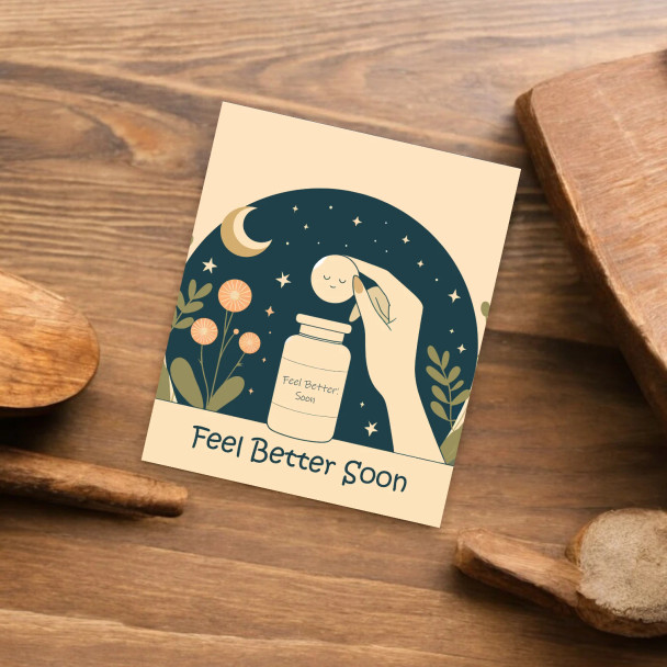 A professional preview of the celestial "Feel Better Soon" digital art file, ideal for home printing and personal greetings.