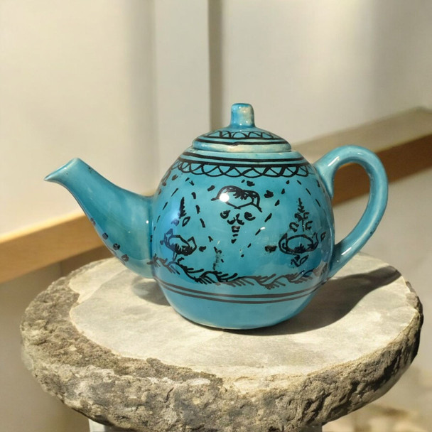Premium Vintage Style Ceramic Turquoise Teapot Samovar Artisan Detail View