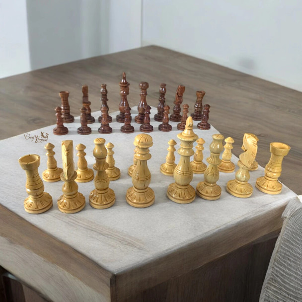 Luxury Large Handmade Wood Carved Chess Pieces (4 Inch King) Artisan Detail Shot