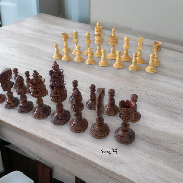 Large handmade wood carved chess pieces with a 4.25 inch King, unique detailed design wooden chessmen by Craftihouse