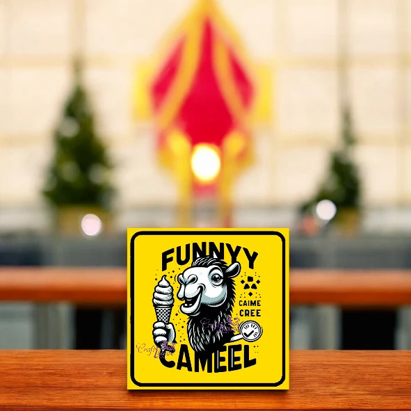A vibrant 8x8 cm square magnet showcasing a fun-loving camel enjoying a treat, perfect for those who appreciate unique desert humor.