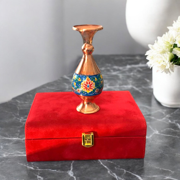 Front view of a 16 cm hand-painted copper vase showcasing a central Mes Pardaz enamel band decorated with detailed multi-color floral motifs.