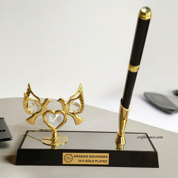 Luxury Executive Desk Set with Pen and 24K Gold-Plated Birds Ornament Artisan Detail View