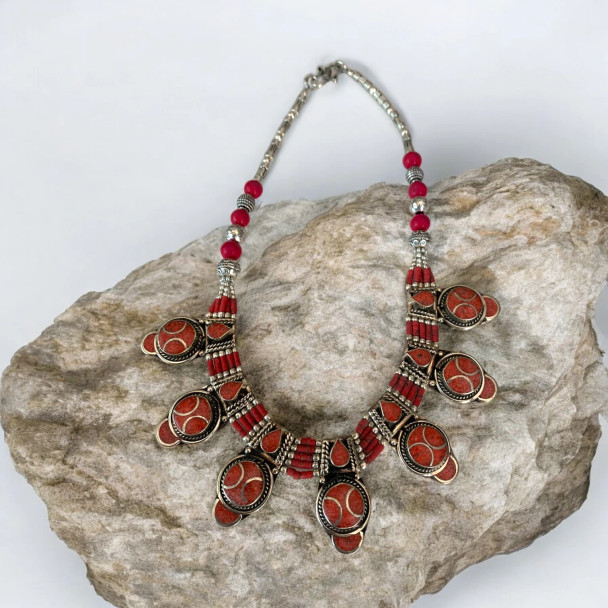 Luxury Beaded Handmade Nepali Necklace with Colorful Pendant Artisan Detail View