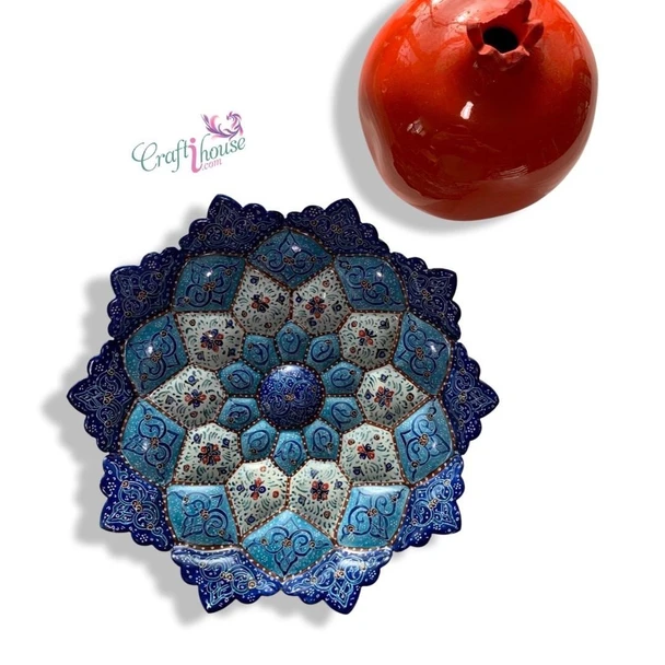 A premium 20 cm hand-painted Meenakari copper plate titled "The Cerulean Star" featuring vibrant blue and white floral enamel patterns.