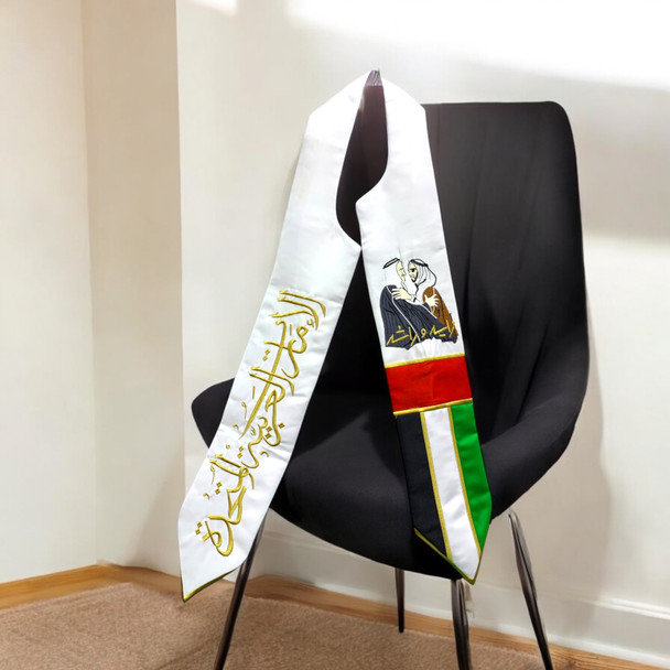 A premium handmade embroidered UAE National Day shawl titled "The Founding Fathers" featuring portraits of Sheikh Zayed and Sheikh Rashid.