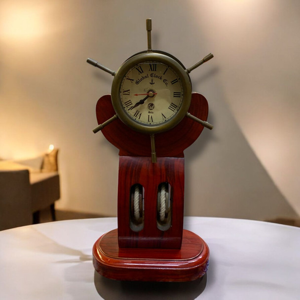 Luxury Solid Brass Ship Wheel Clock on Wooden Pulley Artisan Detail View