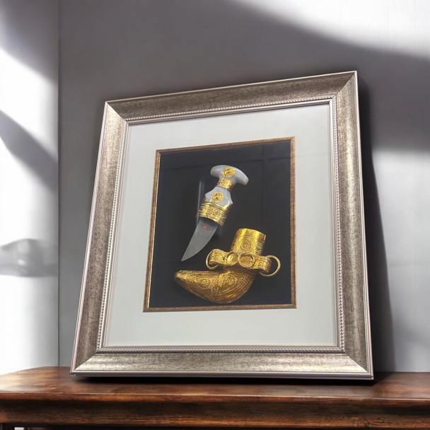 Large 48x43 cm luxury UAE dagger frame with a silver-plated Khanjar and bone handle for VIP corporate gifting