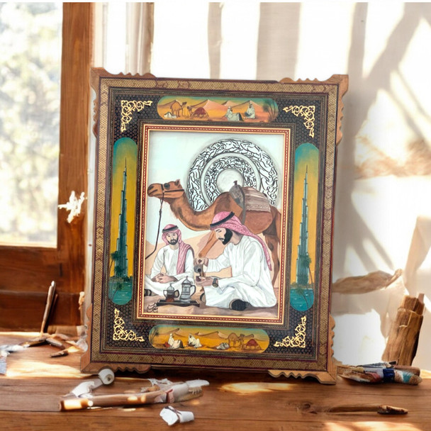 Arabian Desert Scene Painting with Calligraphy – Hand-Painted UAE Art with Brass & Khatamkari Inlaid Wooden Frame – Luxury Corporate VIP Gift (64x54 cm) -premium office decoration - Middle Eastern artwork