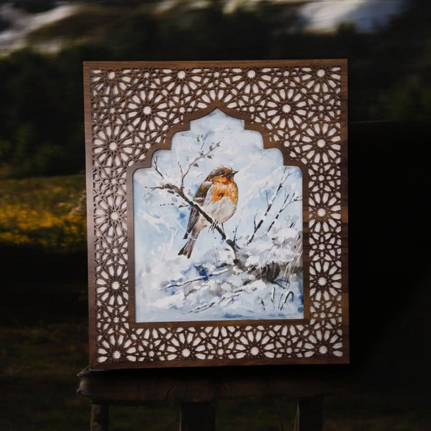 Luxury Hand-painted Bird Artwork With Arabesque Wooden Frame Artisan Detail View